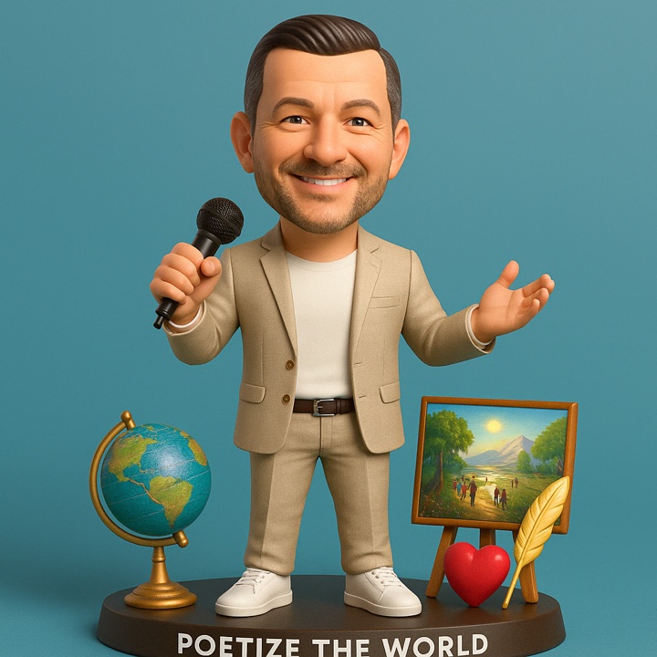 Portrait illustré et souriant de Vincent Avanzi, Poetize the World